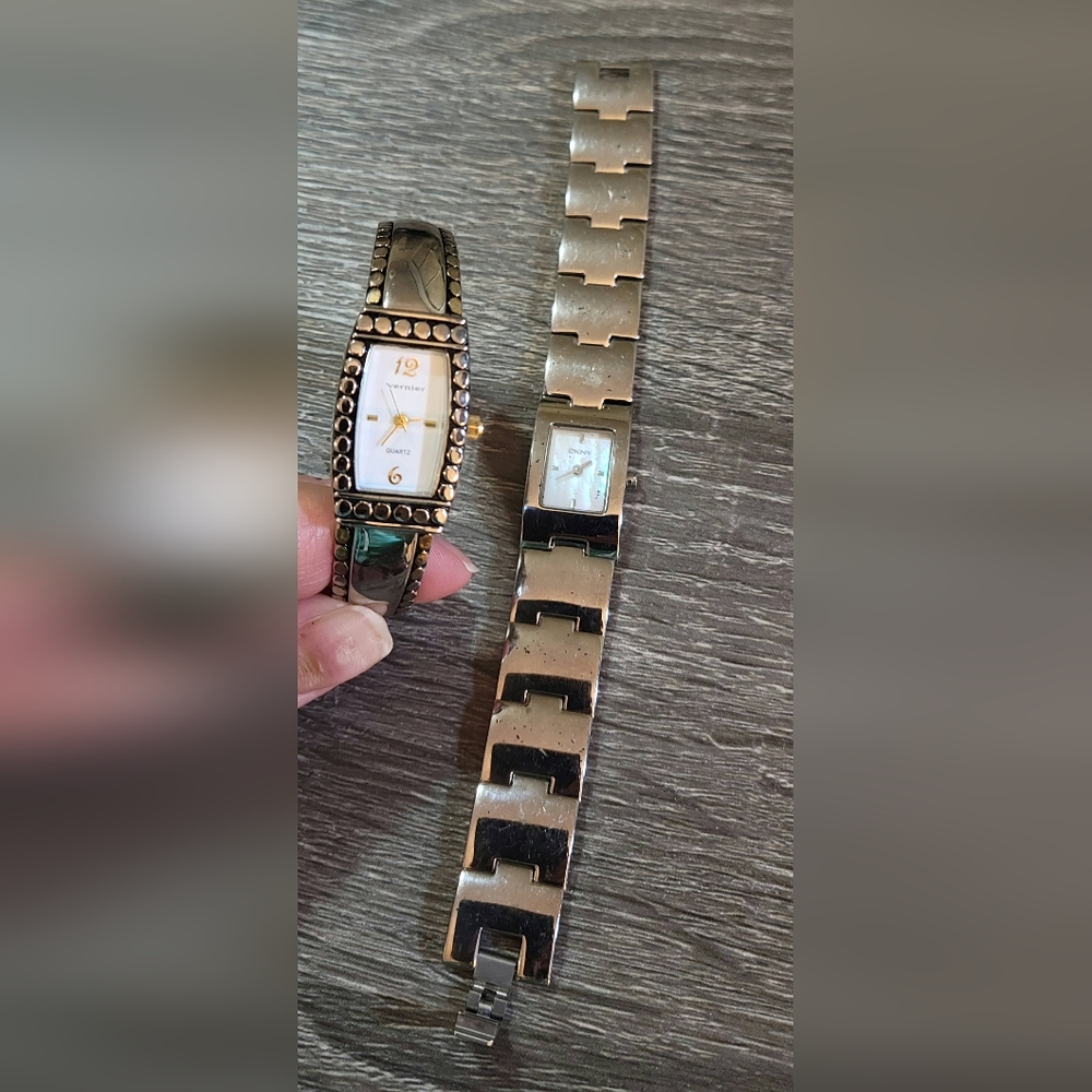 2 DKNY & Vernier vintage watches lot silvertone bangle bracelet mother of pearl